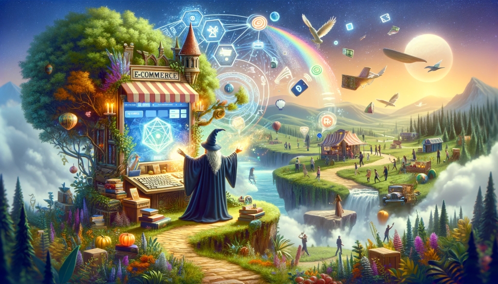 Wizard casting enchanting spells over a digital kiosk in a bustling marketplace, symbolizing e-commerce store setup and growth.