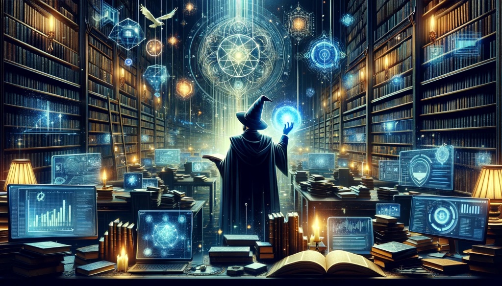 Wizard in business attire interacting with a glowing orb in a dark library, symbolizing abstract SEO success for ‘The Ecomm Wizards’.